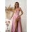 Glittery elegant party dress with geometric neckline on straps for women (34-46) POLISH FASHION PMLBC24320-20 pink 34
