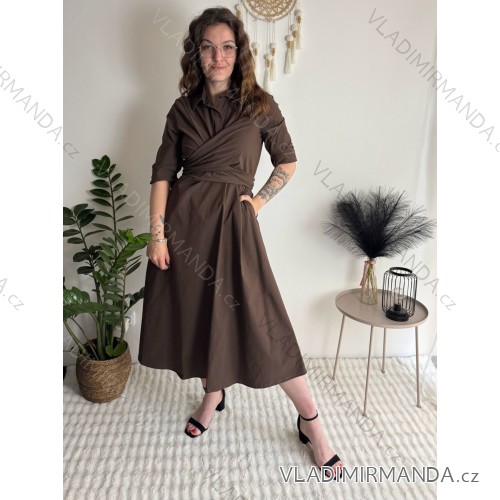 Šaty košeľové 3/4 dlhý rukáv dámske SUNSUN (S/M/L/XL ONE SIZE) TALIANSKA MÓDA IMPSS260001/DUR tmavě hnědá M/L/XL