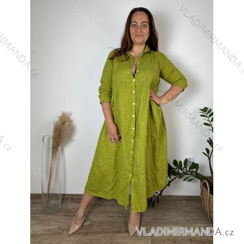 Šaty dlouhé lněné košilové dlouhý rukáv dámské nadrozměr ROMA (44/46/48 ONE SIZE) ITALSKÁ MÓDA IMPCS2613926/DUR 44/46/48 zelená hrášková
