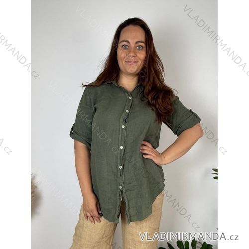 Košeľa lněná 3/4 dlhý rukáv ľanová dámska nadrozměr GABI (44/46/48 ONE SIZE) TALIANSKA MÓDA IMPCS2620096/DUR 44/46/48 zelená khaki