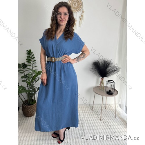 Šaty elagantní košelové s opaskom krátky rukáv dámske Luka (42/44/46 ONE SIZE) TALIANSKA MÓDA IMD25084/DUR modrá džínová 42/44/46