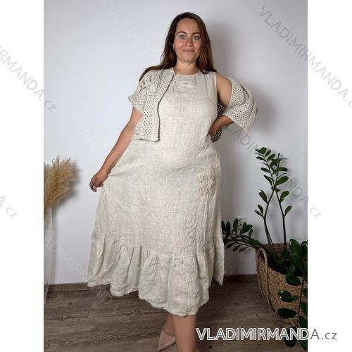Komplet letní lněné šaty a cardigan dámské nadrozměr (44/46/48 ONE SIZE) ITALSKÁ MÓDA IMPSF260004