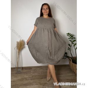 Šaty dlouhé lněné letní krátký rukáv dámské nadrozměr KRYSTA (50/52/54 ONE SIZE) IMPSM251010