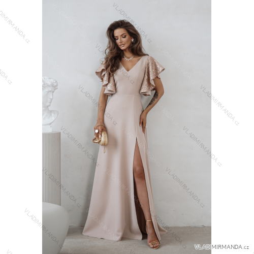 Šaty dlouhé elegantní flitrové krátký rukáv dámské nadrozměr (34-50) POLSKÁ MÓDA PMLWD26MARINA béžová 50