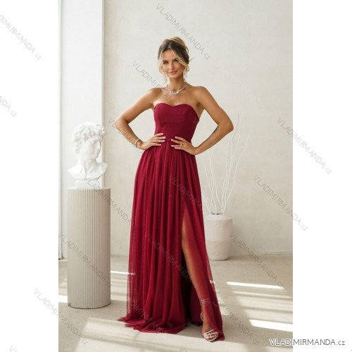 Langes, elegantes Damenkleid mit breiten Trägern (SL) FRENCH FASHION FMPEL23VELVET vínová bordo 42