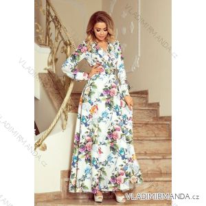 245-1 Langes Kleid mit Rüschen und Dekolleté - bunte Rosen und blaue Vögel
 NMC-245-1