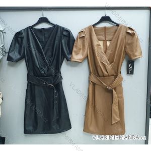 Šaty koženkové s páskem krátký rukáv dámské (S-XL) ITALSKÁ MÓDA IMWD20366