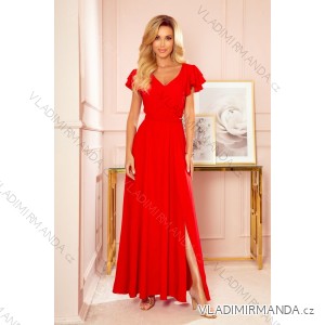 310-2 LIDIA langes Kleid mit Ausschnitt und Rüschen - rot