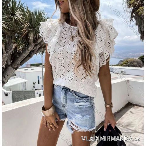 Blúzka bavlnená čipkovaná krátky rukáv dámska (S / M ONE SIZE) TALIANSKÁ MÓDA IMWD213170
