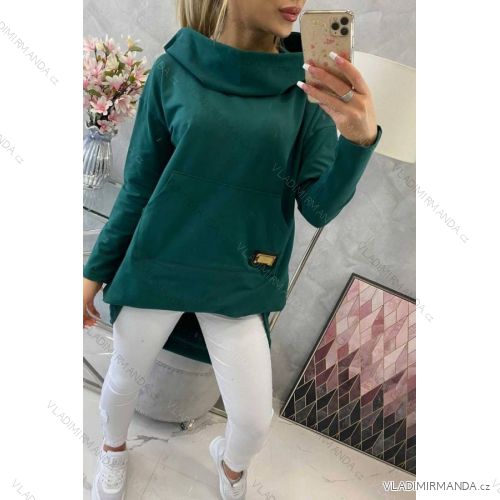 Mikina prodloužená dlouhý rukáv s kapucí dámská (S/M ONE SIZE) ITALSKÁ MÓDA KSI-9116/D tmavě zelená S/M one size