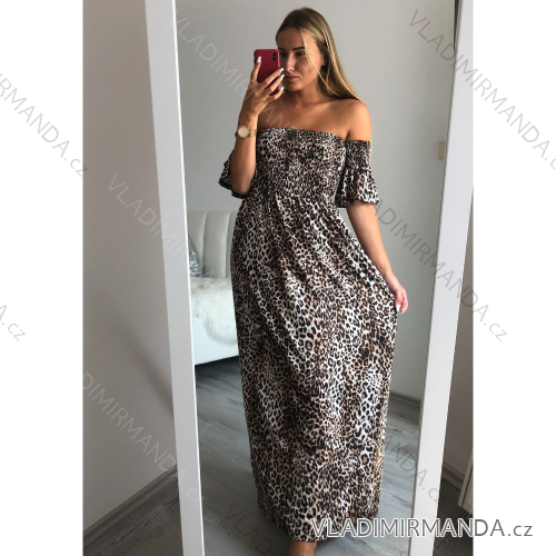 Damen langes sommerliches eisgekühltes Carmen Flip-Flop-Kleid Leopard (S / M ONE SIZE) ITALIAN FASHION IMM211271