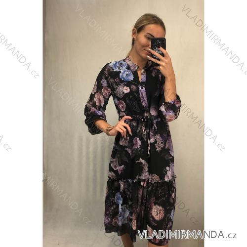 Šaty elegantní košilové dlouhý rukáv dámské (S/M ONE SIZE) ITALSKÁ MÓDA IMWK21397/DR S/M černá