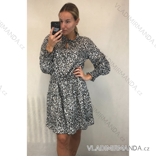 Šaty elegantní dlouhý rukáv dámské leopard(S/M ONE SIZE) ITALSKÁ MÓDA IMWK21300/DR béžová