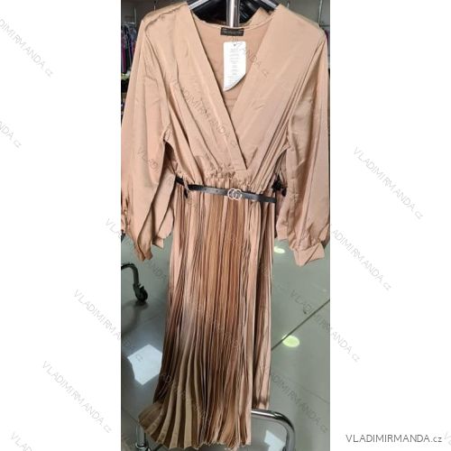 Šaty elegantný s pásikom saténové dlhý rukáv dámske (S / M.ONE SIZE) TALIANSKÁ MÓDA IMM211416