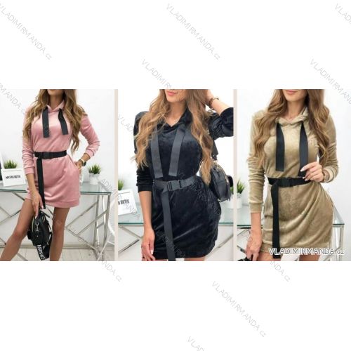 Šaty mikinové sametové s páskem dlouhý rukáv dámské (S/M ONE SIZE) ITALSKÁ MÓDA IMWA216996