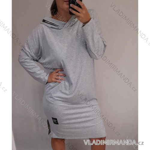 Šaty dlouhý rukáv s kapucí dámské (2xl/3xl ONE SIZE) ITALSKÁ MODA IM421588/DR Gray 2XL / 3XL ONE SIZE