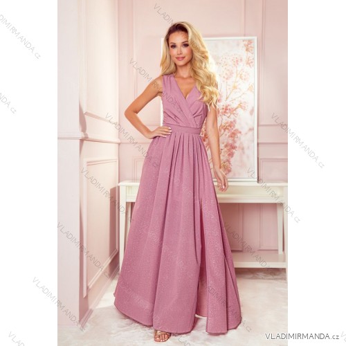 362-1 JUSTINE Long dress with a neckline and a tie - powder pink with glitter