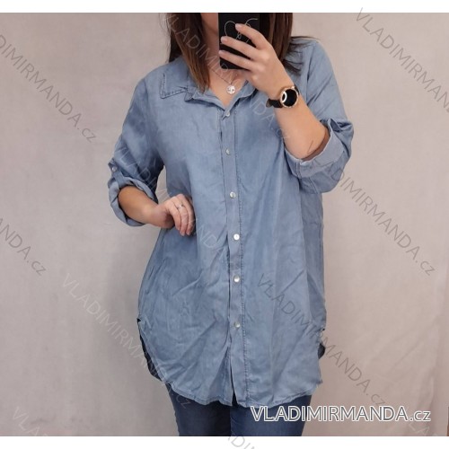 Košile riflová dlouhý rukáv dámská nadrozměr (2XL/3XL ONE SIZE) ITALSKÁ MÓDA IM822004 Modrá světlá 2XL/3XL