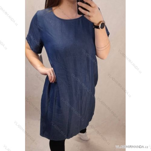Šaty riflové letné krátky rukáv dámske nadrozmer (L/XL ONE SIZE) TALIANSKA MÓDA IM722004