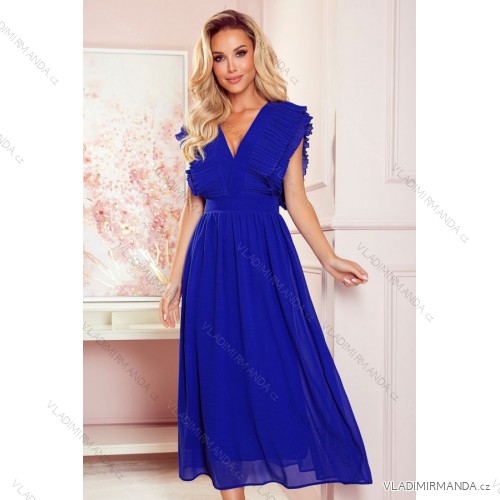 367-2 YANA Midi dress with pleated frills and a neckline - royal blue