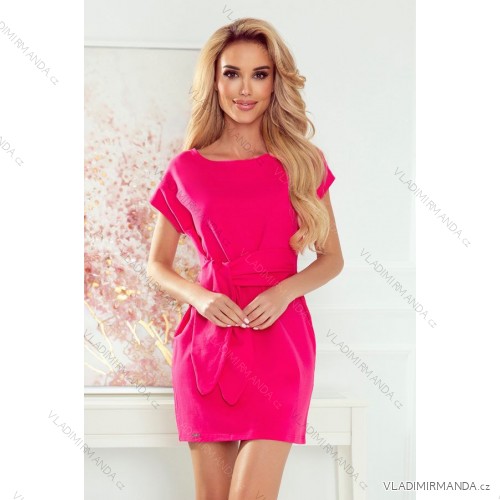 370-1 Dress with short sleeves and a wide tied belt - pink
