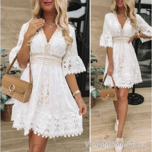 Women's Lace Cotton Short Sleeve Dress (S / M ONE SIZE) ITALIAN FASHION IMWA222075