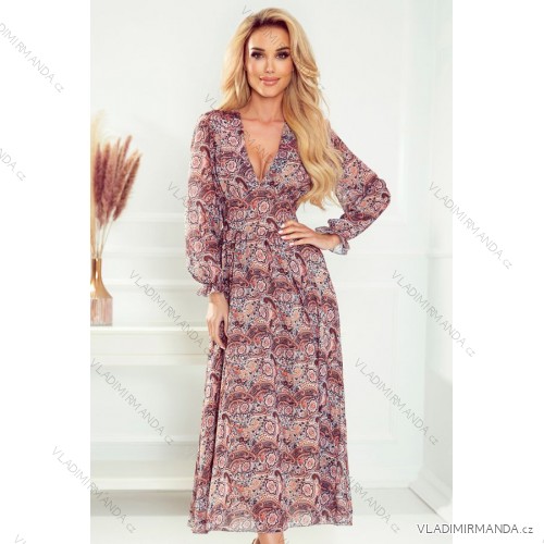 378-1 Chiffon midi dress - brown boho pattern