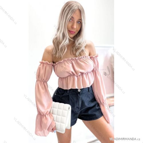 Top letní šifonový carmen dlouhý rukáv dámský (S/M ONE SIZE) ITALSKÁ MÓDA IMWK22DT9013
