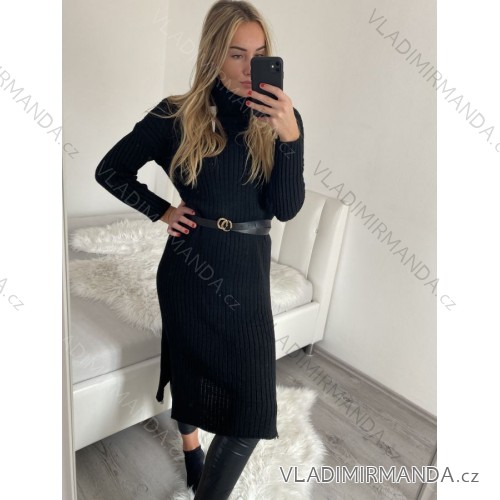 Šaty pletené rolákové s páskem dlouhý rukáv dámské (S/M ONE SIZE) ITALSKÁ MÓDA IM422NOEMI čierna S/M