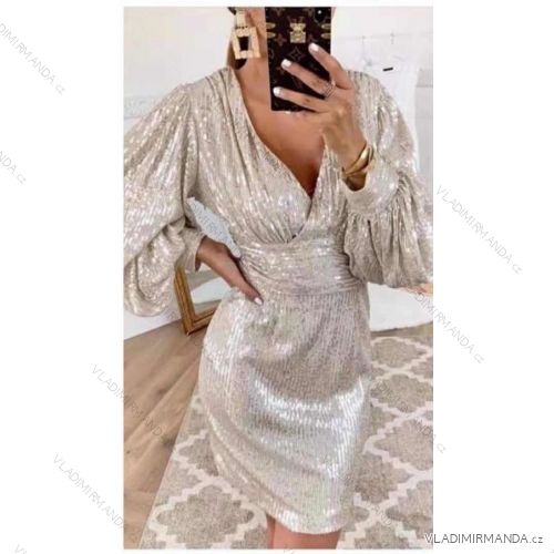 Šaty elegantní třpytivé s flitry dlouhý rukáv dámské (S/M ONE SIZE) ITALSKÁ MÓDA IMWC223780