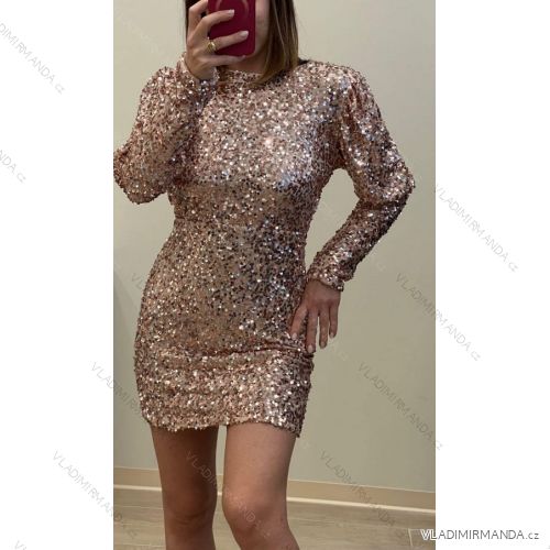 Šaty elegantní třpytivé s flitry dlouhý rukáv dámské (S/M ONE SIZE) ITALSKá MóDA IMM22fl23042