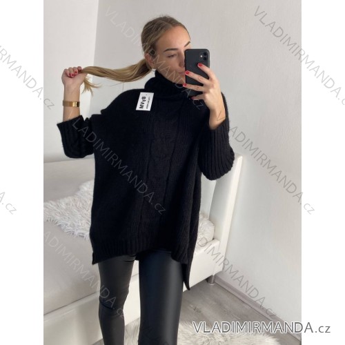 Svetr pletený oversize s rolákem dlouhý rukáv dámský (S/M/L/XL/2XL/3XL ONE SIZE) ITALSKÁ MÓDA IMWC223672 2LX/3XL Black
