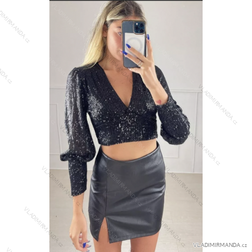 Top croptop třpytivý s flitry dlouhý rukáv dámský (S/M ONE SIZE) ITALSKÁ MÓDA IMPBB22O5200