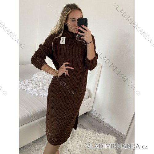 Šaty pletené s rolákem dlouhý rukáv dámské (S/M/L/XL ONE SIZE) ITALSKÁ MÓDA IMWA224000 L / XL brown Chocolate