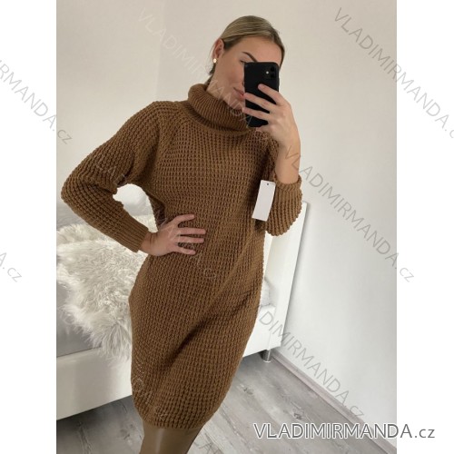 Šaty pletené sveter predĺžený s rolákom dámske (S / M ONE SIZE) TALIANSKÁ MÓDA IMD20741/DR S, M hnedá
