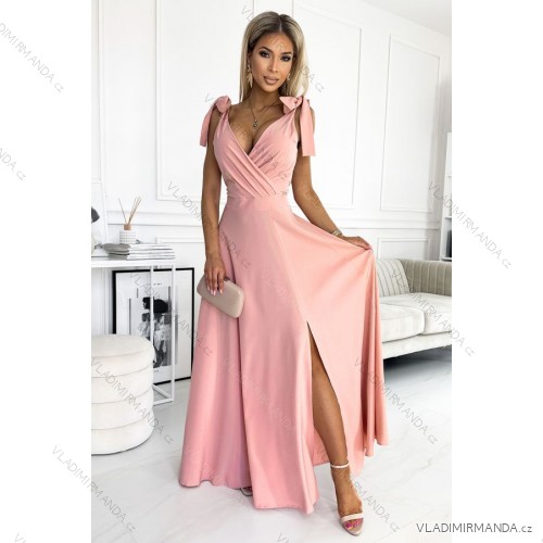 405-3 ELENA Langes Kleid mit Ausschnitt und Bändern an den Schultern - schmutziges Rosa