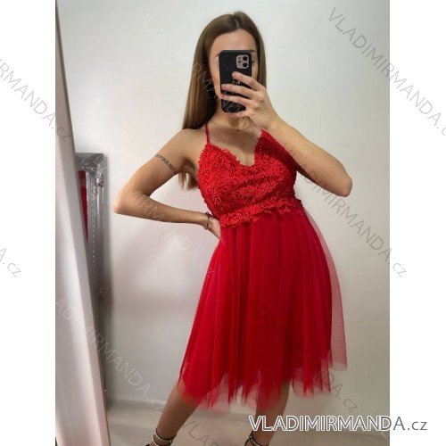 Šaty společenské tylové na ramínka dámské (S/M/L ONE SIZE) ITALSKá MóDA IM923001/DU M / L červená