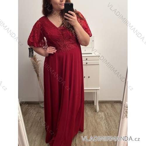 Šaty plesové dlouhé elegantní společenské krátký rukáv dámské nadrozměr (XL/2XL ONE SIZE) ITALSKÁ MÓDA IMM22PL80658/DU XL/2XL tmavě červená