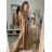 Long summer satin dress with straps women with belt (UNI S / M) ITALIAN FASHION IMM22INFINITE -   green pea -   S / M