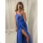 Long summer satin dress with straps women with belt (UNI S / M) ITALIAN FASHION IMM22INFINITE -   green pea -   S / M