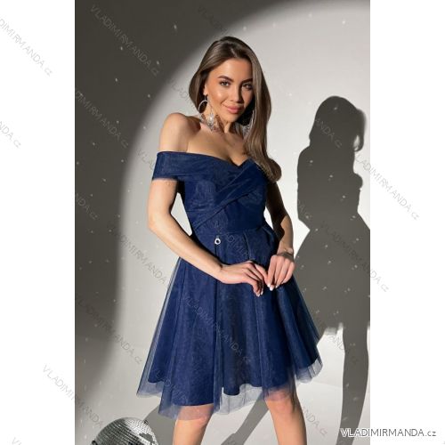 Šaty elegantní společenské carmen bez rukávu dámské (34-40) POLSKÁ MÓDA PMLBC23277-01 tmavě modrá 34