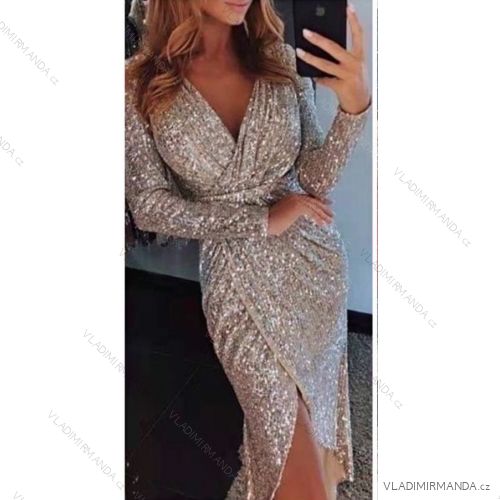 Šaty elegantní třpytivé s flitry dlouhý rukáv dámské (S/M ONE SIZE) ITALSKÁ MÓDA IMWKK223789/DR S/M zlatá