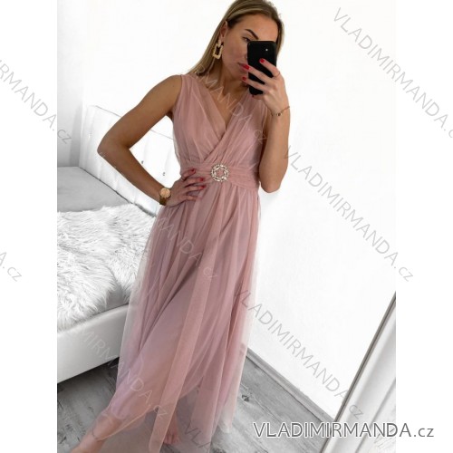 Šaty elegantní tylové dlouhé bez rukávu společenské dámské (S/M ONE SIZE) ITALSKÁ MÓDA IMM239075/DU S/M starorůžová