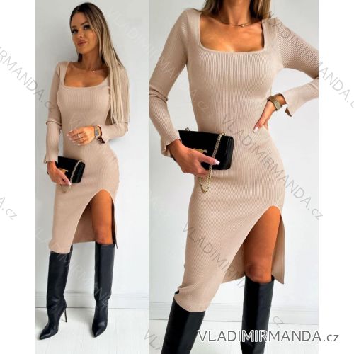 Šaty midi žebrované dlouhý rukáv dámské (S/M ONE SIZE) ITALSKÁ MÓDA IMWY23087