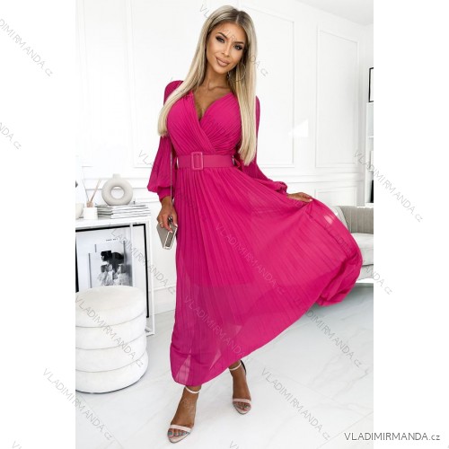 414-4 KLARA pleated dress with a belt and a neckline - fuchsia