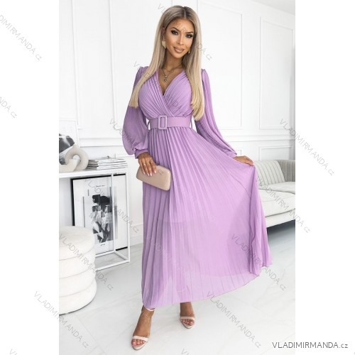 414-6 KLARA pleated dress with a belt and a neckline - lilac color